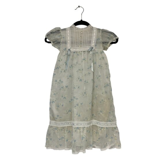 Vintage Youngland Girls Prairie Dress 4T White Blue Floral Polyester Lace Trim - Picture 1 of 9